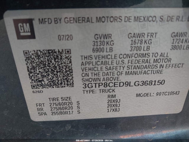 Aukcja sprzedaży 2020 Gmc Sierra 1500 2wd  Short Box Elevation, vin: 3GTP8CED9LG368150, numer aukcji: 45730881
