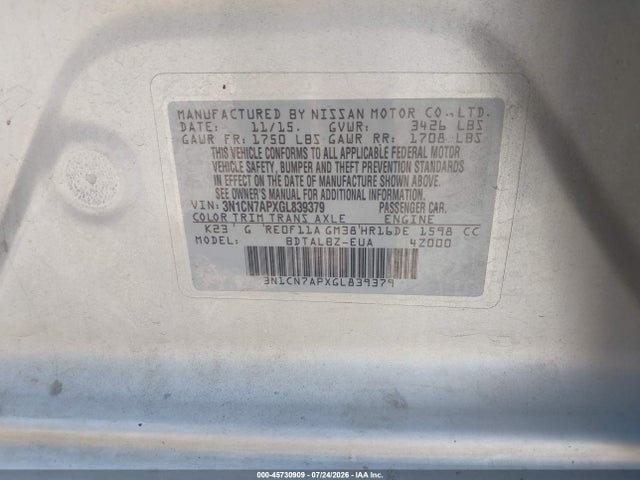 3N1CN7APXGL839379 Nissan Versa 1.6 Sv