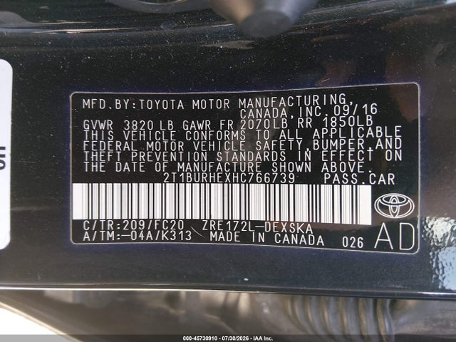 Toyota COROLLA SE 2017 2T1BURHEXHC766739 Image 9