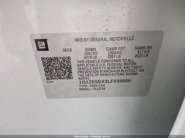 45730924 :رقم المزاد ، 1G1ZE5SX3LF033505 vin ، 2020 Chevrolet Malibu Fwd Premier مزاد بيع