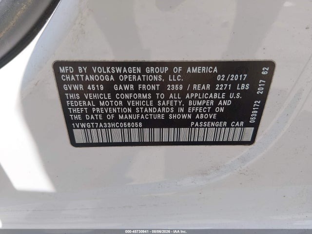 Aukcja sprzedaży 2017 Volkswagen Passat 1.8t Se, vin: 1VWGT7A33HC056058, numer aukcji: 45730941