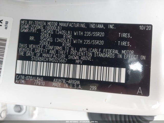 Продажа на аукционе авто 2021 Toyota Highlander Hybrid Limited, vin: 5TDXBRCH1MS025667, номер лота: 45730942