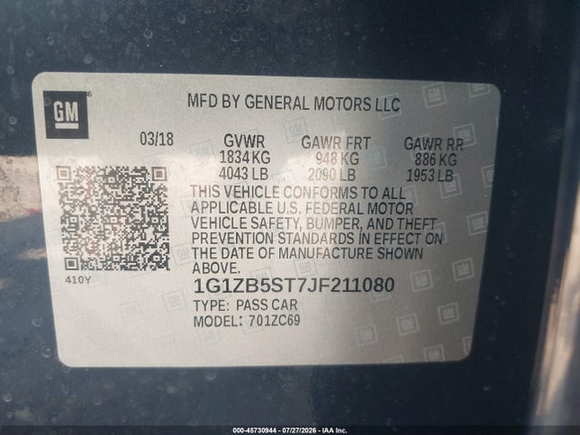 Продажа на аукционе авто 2018 Chevrolet Malibu 1ls, vin: 1G1ZB5ST7JF211080, номер лота: 45730944