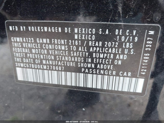 2019 Volkswagen Jetta 1.4t R-line/1.4t S/1.4t Se მანქანა იყიდება აუქციონზე, vin: 3VWC57BU0KM270687, აუქციონის ნომერი: 45730958