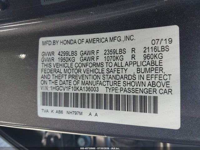 Honda ACCORD LX 2019 1HGCV1F10KA136003 Image 9