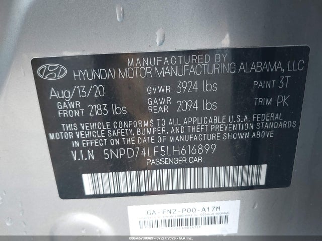 5NPD74LF5LH616899 Hyundai ELANTRA SE