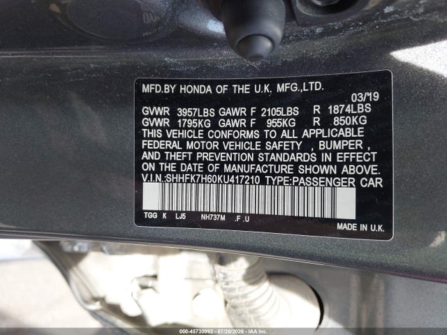 Honda CIVIC EX 2019 SHHFK7H60KU417210 Image 9