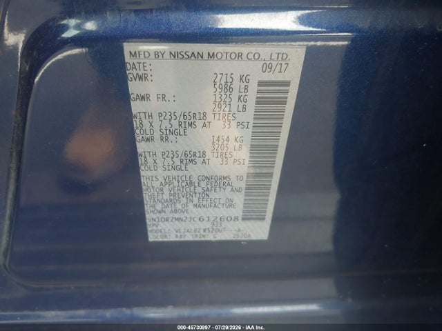 Продаж на аукціоні авто 2018 Nissan Pathfinder S, vin: 5N1DR2MN2JC612608, номер лоту: 45730997