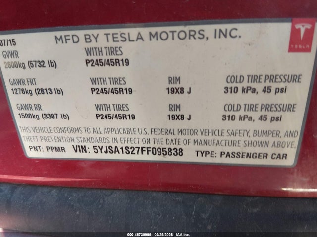 Tesla Model S 70d/85d/p85d 2015 5YJSA1S27FF095838 Image 9