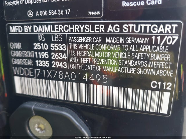 45731002 :رقم المزاد ، WDDEJ71X78A014495 vin ، 2008 Mercedes-benz Cl 550 مزاد بيع
