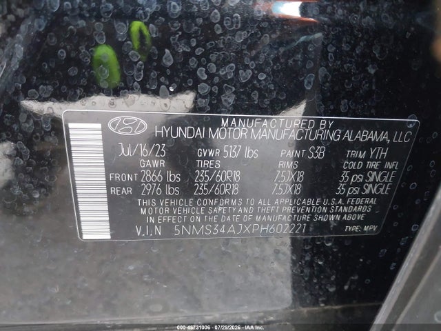 Aukcja sprzedaży 2023 Hyundai Santa Fe Sel, vin: 5NMS34AJXPH602221, numer aukcji: 45731006