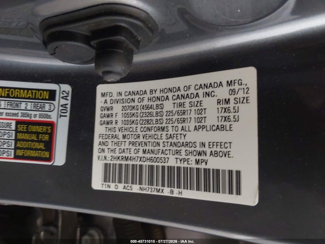 2013 Honda Cr-v Ex-l მანქანა იყიდება აუქციონზე, vin: 2HKRM4H7XDH600537, აუქციონის ნომერი: 45731010