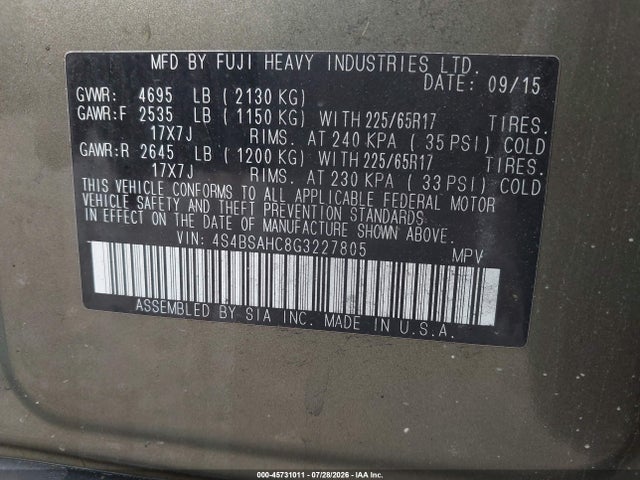 Aukcja sprzedaży 2016 Subaru Outback 2.5i Premium, vin: 4S4BSAHC8G3227805, numer aukcji: 45731011