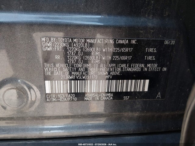 Продаж на аукціоні авто 2020 Toyota Rav4 Hybrid Xle, vin: 2T3RWRFV5LW091179, номер лоту: 45731022
