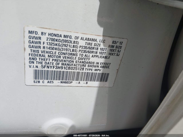 45731051 :رقم المزاد ، 5FNYF3H91CB025128 vin ، 2012 Honda Pilot Touring مزاد بيع