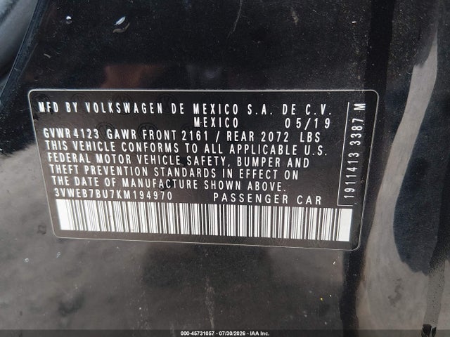 Aukcja sprzedaży 2019 Volkswagen Jetta 1.4t Sel, vin: 3VWEB7BU7KM194970, numer aukcji: 45731057
