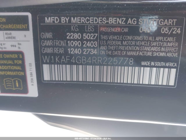 2024 Mercedes-benz C 300 მანქანა იყიდება აუქციონზე, vin: W1KAF4GB4RR225778, აუქციონის ნომერი: 45731064