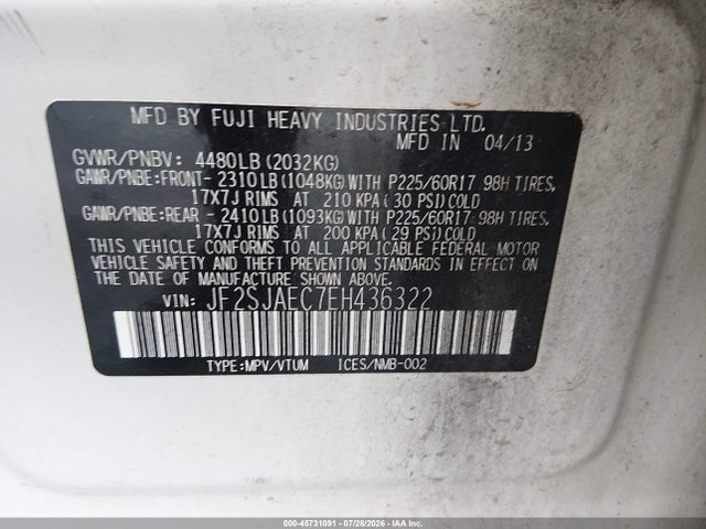 45731091 :رقم المزاد ، JF2SJAEC7EH436322 vin ، 2014 Subaru Forester 2.5i Premium مزاد بيع