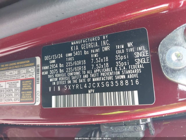 2025 Kia Sorento S მანქანა იყიდება აუქციონზე, vin: 5XYRL4JCXSG358816, აუქციონის ნომერი: 45731093