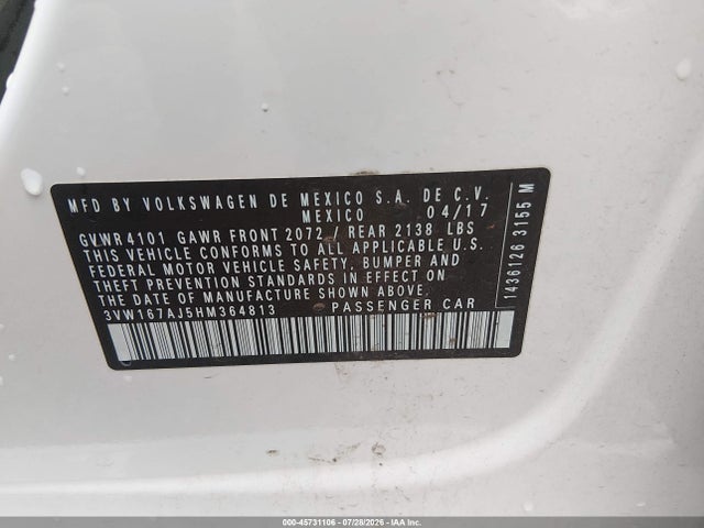 Продажа на аукционе авто 2017 Volkswagen Jetta 1.4t S, vin: 3VW167AJ5HM364813, номер лота: 45731106