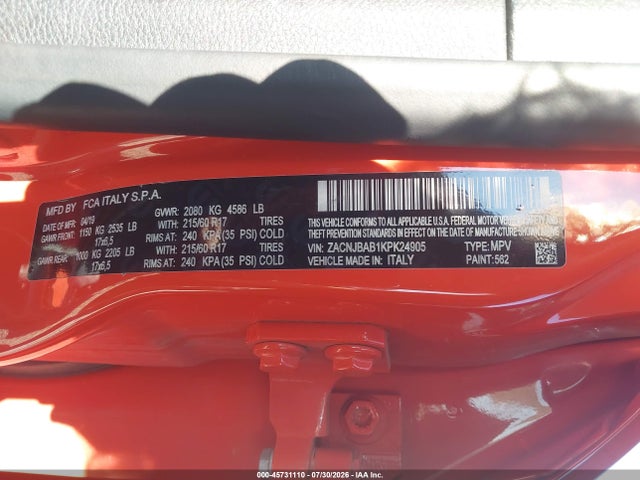 2019 Jeep Renegade Upland 4x4 მანქანა იყიდება აუქციონზე, vin: ZACNJBAB1KPK24905, აუქციონის ნომერი: 45731110