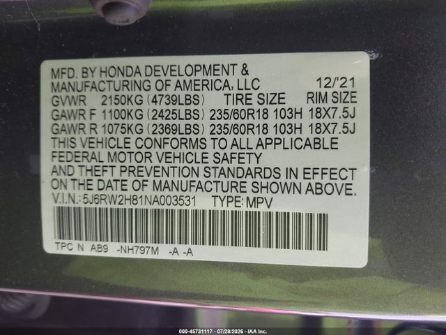 Aukcja sprzedaży 2022 Honda Cr-v Awd Ex-l, vin: 5J6RW2H81NA003531, numer aukcji: 45731117