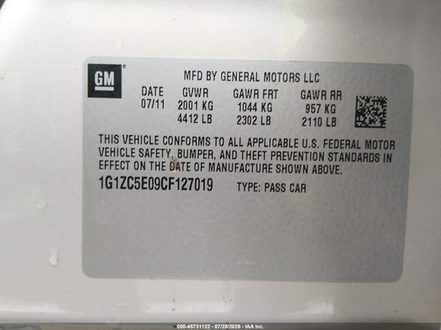 45731122 :رقم المزاد ، 1G1ZC5E09CF127019 vin ، 2012 Chevrolet Malibu 1lt مزاد بيع