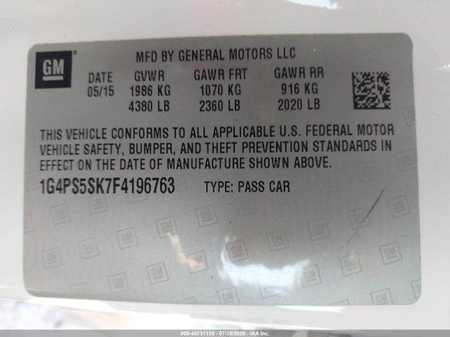 Продаж на аукціоні авто 2015 Buick Verano, vin: 1G4PS5SK7F4196763, номер лоту: 45731139