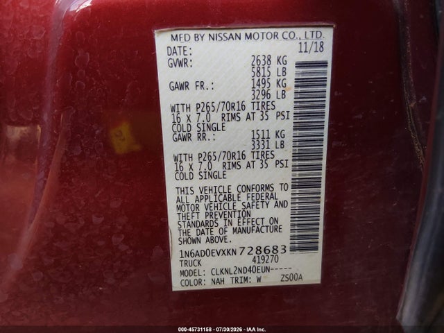 Nissan Frontier Sv 2019 1N6AD0EVXKN728683 Image 9