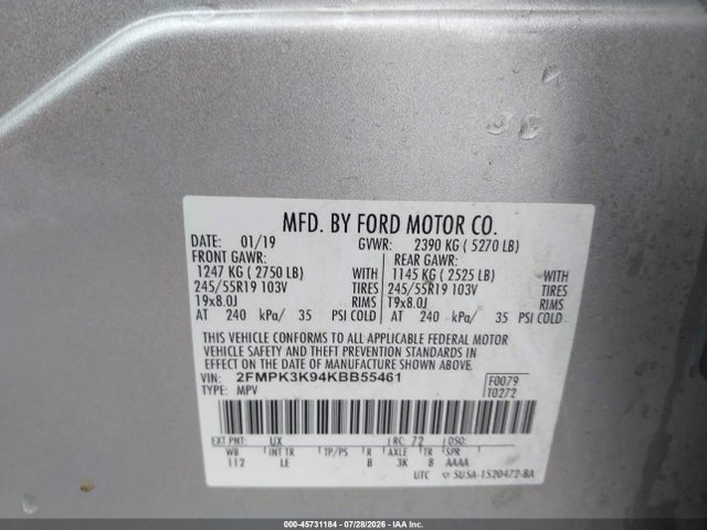 Продаж на аукціоні авто 2019 Ford Edge Titanium, vin: 2FMPK3K94KBB55461, номер лоту: 45731184