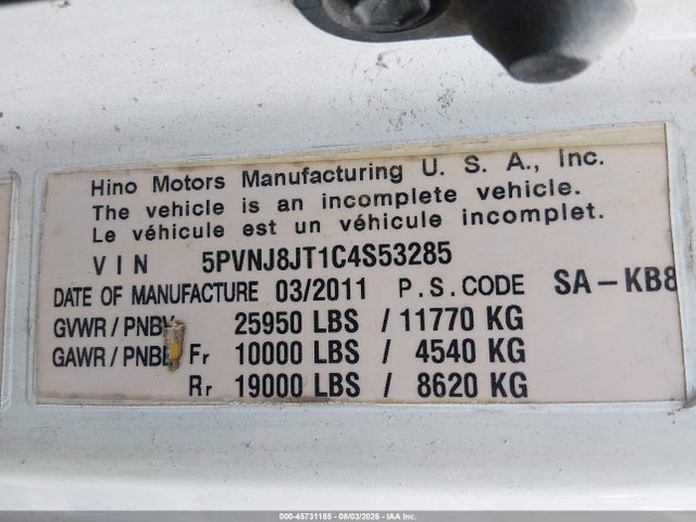 Aukcja sprzedaży 2012 Hino 268, vin: 5PVNJ8JT1C4S53285, numer aukcji: 45731185