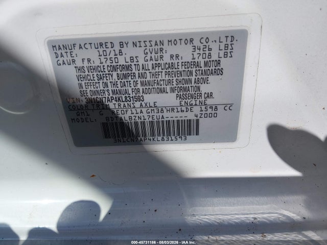 Aukcja sprzedaży 2019 Nissan Versa 1.6 Sv, vin: 3N1CN7AP4KL831593, numer aukcji: 45731186