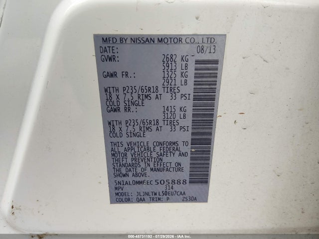 45731192 :رقم المزاد ، 5N1AL0MM6EC505888 vin ، 2014 Infiniti Qx60 مزاد بيع