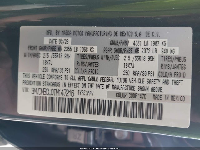45731193 :رقم المزاد ، 3MVDMBCL0TM147216 vin ، 2026 Mazda Cx-30 2.5 S Carbon Edition مزاد بيع
