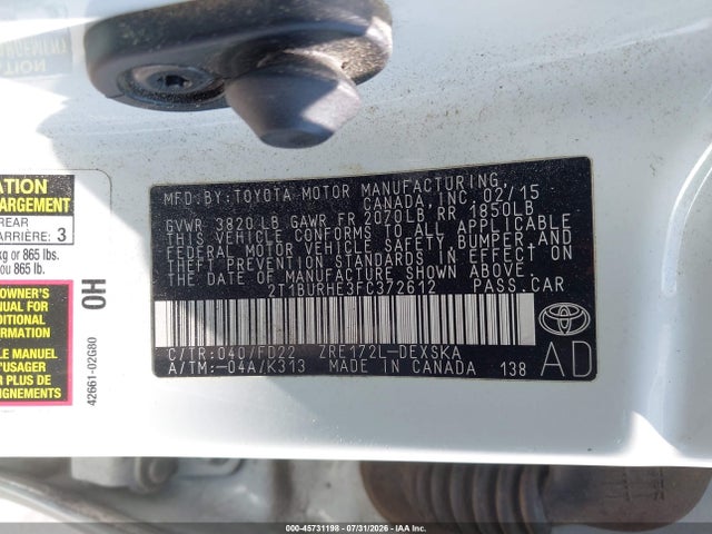 45731198 :رقم المزاد ، 2T1BURHE3FC372612 vin ، 2015 Toyota Corolla S Plus مزاد بيع