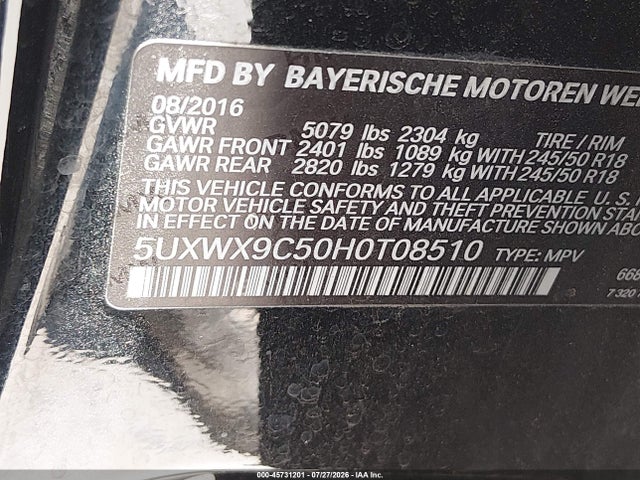 45731201 :رقم المزاد ، 5UXWX9C50H0T08510 vin ، 2017 Bmw X3 Xdrive28i مزاد بيع