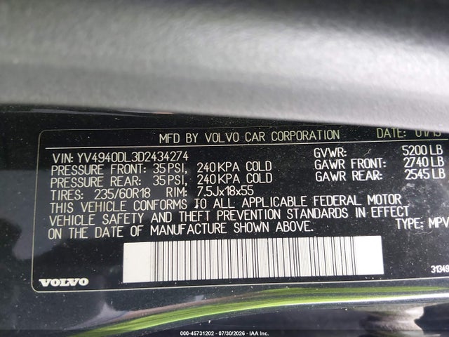 Продаж на аукціоні авто 2013 Volvo Xc60 3.2/3.2 Platinum/3.2 Premier/3.2 Premier Plus, vin: YV4940DL3D2434274, номер лоту: 45731202