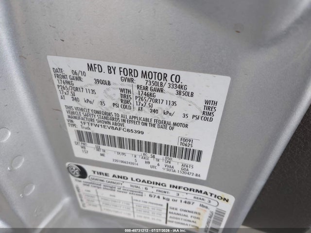 Продаж на аукціоні авто 2010 Ford F-150 Fx4/harley-davidson/king Ranch/lariat/platinum/xl/xlt, vin: 1FTFW1EV8AFC85399, номер лоту: 45731212