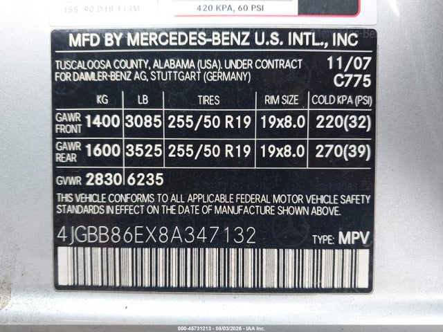 Aukcja sprzedaży 2008 Mercedes-benz M-class 3.5l, vin: 4JGBB86EX8A347132, numer aukcji: 45731213