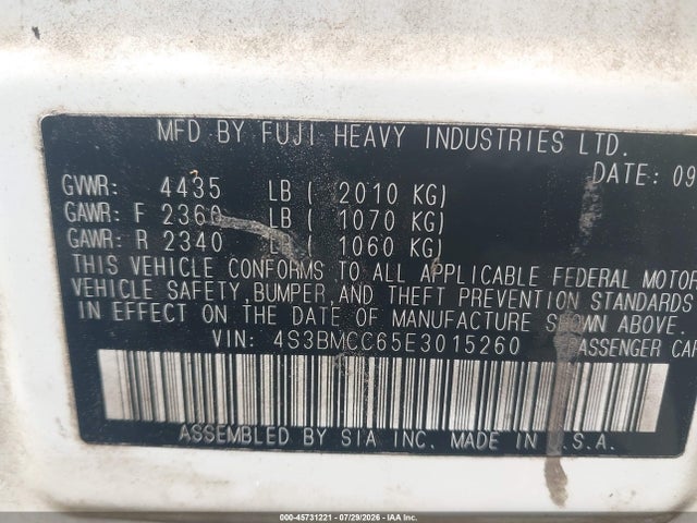 45731221 :رقم المزاد ، 4S3BMCC65E3015260 vin ، 2014 Subaru Legacy 2.5i Premium مزاد بيع