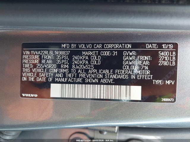 Продажа на аукционе авто 2020 Volvo Xc60 T6 Inscription, vin: YV4A22RL6L1498837, номер лота: 45731224