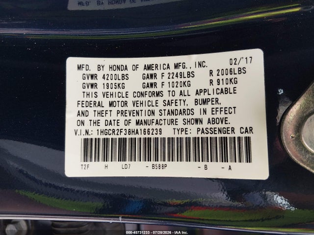 45731233 :رقم المزاد ، 1HGCR2F38HA166239 vin ، 2017 Honda Accord Lx مزاد بيع