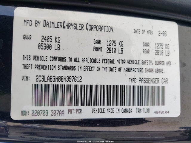 Aukcja sprzedaży 2006 Chrysler 300c, vin: 2C3LA63H86H397612, numer aukcji: 45731236