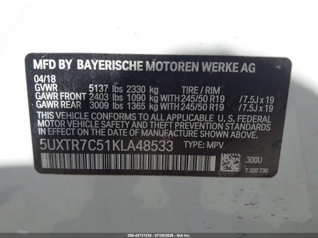 45731238 :رقم المزاد ، 5UXTR7C51KLA48533 vin ، 2019 Bmw X3 Sdrive30i مزاد بيع