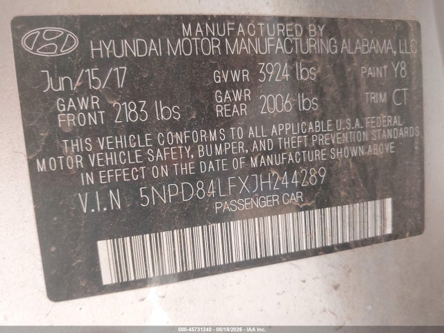 45731240 :رقم المزاد ، 5NPD84LFXJH244289 vin ، 2018 Hyundai Elantra Value Edition مزاد بيع