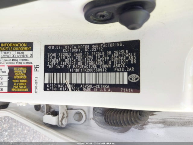 Aukcja sprzedaży 2012 Toyota Camry Le, vin: 4T1BF1FK2CU560942, numer aukcji: 45731241
