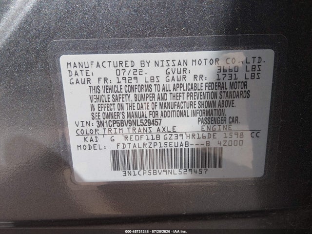 Продажа на аукционе авто 2022 Nissan Kicks S Xtronic Cvt, vin: 3N1CP5BV9NL529457, номер лота: 45731248