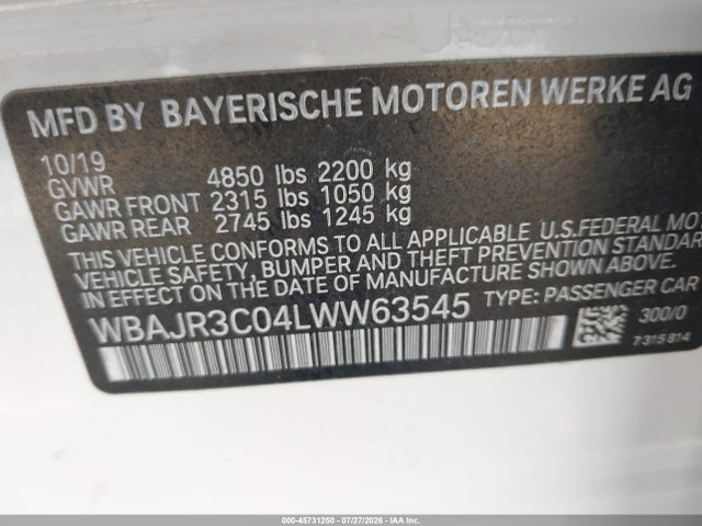 45731250 :رقم المزاد ، WBAJR3C04LWW63545 vin ، 2020 Bmw 530i مزاد بيع