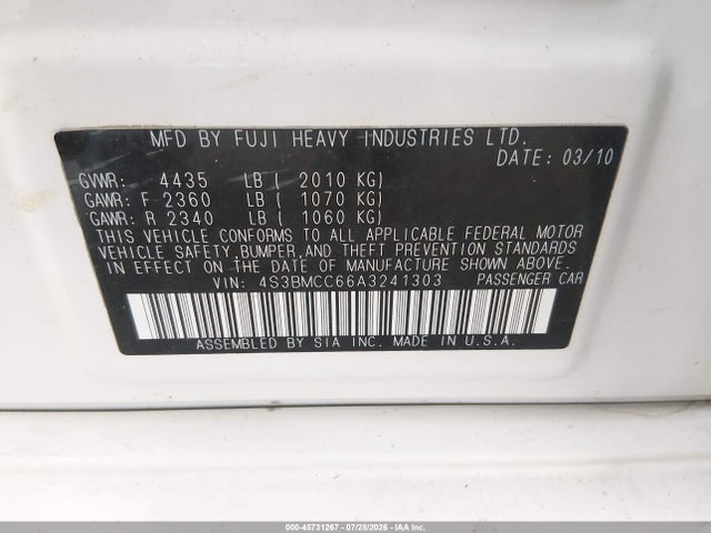 Продаж на аукціоні авто 2010 Subaru Legacy 2.5i Premium, vin: 4S3BMCC66A3241303, номер лоту: 45731267