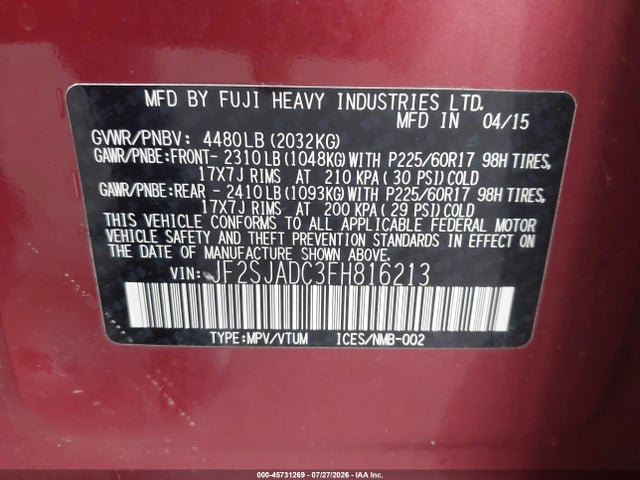 45731269 :رقم المزاد ، JF2SJADC3FH816213 vin ، 2015 Subaru Forester 2.5i Premium مزاد بيع